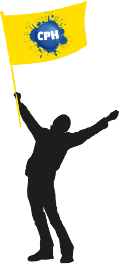 Comic man holds a yellow flag.
